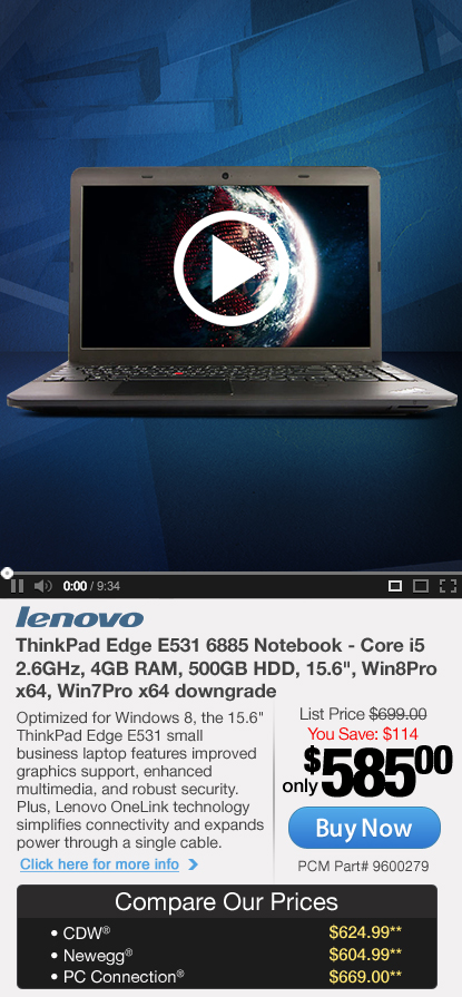 Lenovo ThinkPad Edge E531 6885 Notebook - Core i5 2.6GHz, 4GB RAM, 500GB HDD, 15.6, Win8Pro x64, Win7Pro x64 downgrade