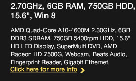 HP ENVY m6-1105dx Notebook - AMD Dual-Core A6-4400M 2.70GHz, 6GB RAM, 750GB HDD, 15.6", Win 8