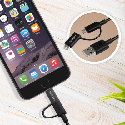 StarTech.com LTUB1MBK 1m 3ft Black Apple 8 pin Lightning Connector or Micro USB to USB Combo Cable for iPhone iPod iPad Charge Sync