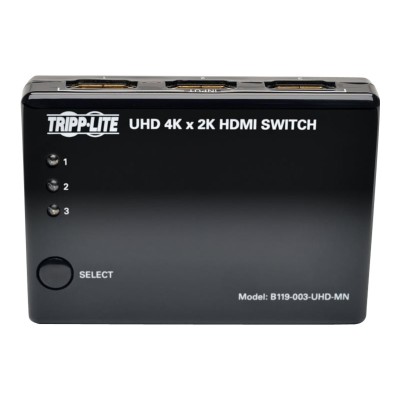 TrippLite B119 003 UHD MN 3 Port HDMI Mini Switch for Video and Audio 4K x 2K UHD 24 30 Hz Video audio switch 3 x HDMI desktop