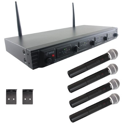 Pyle PDWM4520 Wireless Microphone System UHF Quad Channel Fixed Frequency 4 handheld microphones