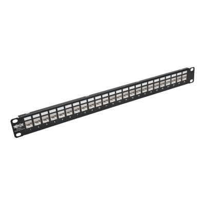 TrippLite N254 024 SH D 24 Port 1U Rack Mount Patch Panel for Cat 5e Cat 6 RJ45 Ethernet Feedthrough STP Shielded w 90 Degree Down Angle Ports Patch panel