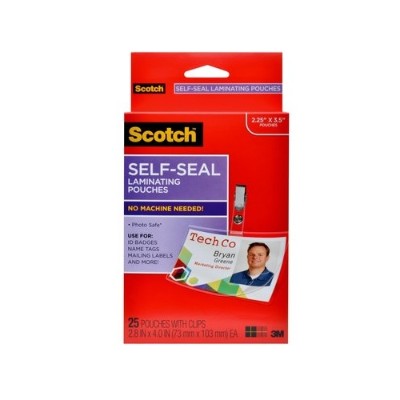 3M LS852 G Self Sealing Laminating Pouches for ID Badges Tags w Clips Glossy 2 15 16 in x 4 1 16 in 25 per pack