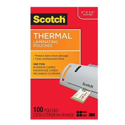 3M TP5851100 Scotch Thermal Laminating Pouches Business Card 2.32in x 3.7in 100 pack