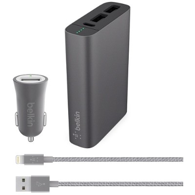 Belkin F5Z0632BT04 GRY ChargeMaxx 6600 Power Pack Backup Battery and Car Charger with 4ft Apple Lightning Cable