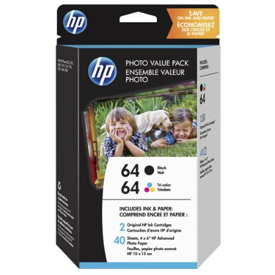 HP Inc. Z2H77AN#140 64 Photo Value Pack - 2-pack - black tricolor - original - print cartridge / paper kit - for Envy Photo 62XX Photo 71XX Photo 7 HP Inc. Z2H77AN#140 64 Photo Value Pack - 2-pack - black tricolor - original - print cartridge / paper kit - for Envy Photo 62XX Photo 71XX Photo 7