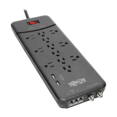 TrippLite TLP128TTUSBB Protect It! 12-Outlet Surge Protector - 8 ft. Cord 4320 Joules Tel/Modem/Coax Protection 2 USB Ports Black TrippLite TLP128TTUSBB Protect It! 12-Outlet Surge Protector - 8 ft. Cord 4320 Joules Tel/Modem/Coax Protection 2 USB Ports Black