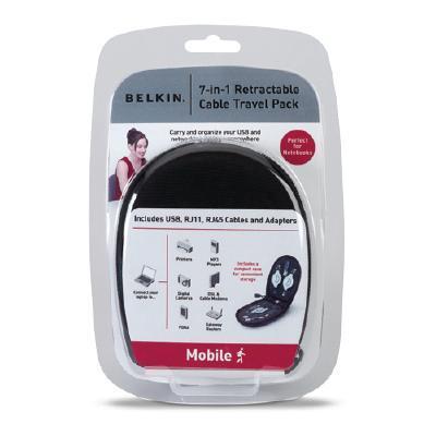 7-in-1 Retractable Cable Travel Pack - USB / network / phone cable kit