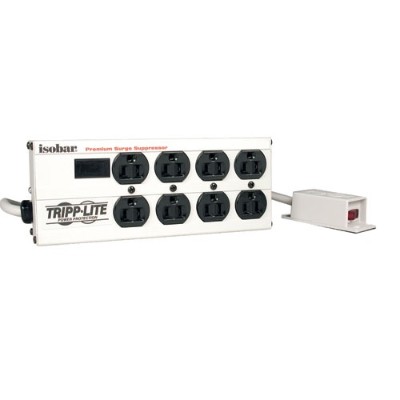 TrippLite IBAR8 15RM Isobar Surge Protector Strip Metal 8 Outlet 12 Cord 3840 Joules Surge protector AC 120 V 1440 Watt output connectors 8 gray