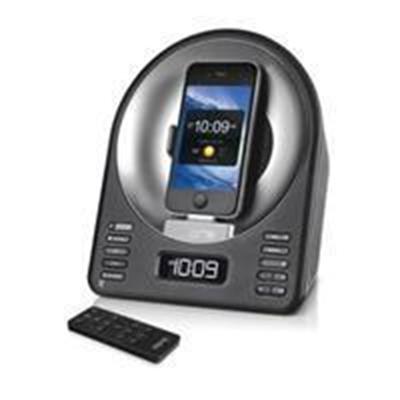 Enhanced Alarm Clock FM Radio Stereo Speaker System with Motorized Rotating Dock for iPhone/iPod (Open Box Product Limited Availability No Back Orders)