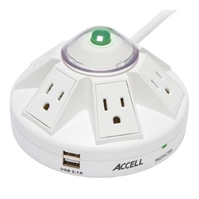 Accell D080B 014K Powramid Power Center and USB Charging Station Surge protector AC 125 V 1800 Watt output connectors 6 white