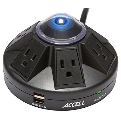 Accell D080B 015K Powramid Power Center and USB Charging Station Surge protector AC 125 V 1800 Watt output connectors 6 black