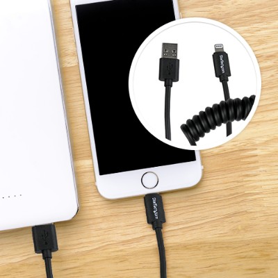 StarTech.com USBCLT30CMB 0.3m 1ft Coiled Black Apple 8 pin Lightning to USB Cable iPhone iPod iPad Coiled Lightning Cable Charge Sync